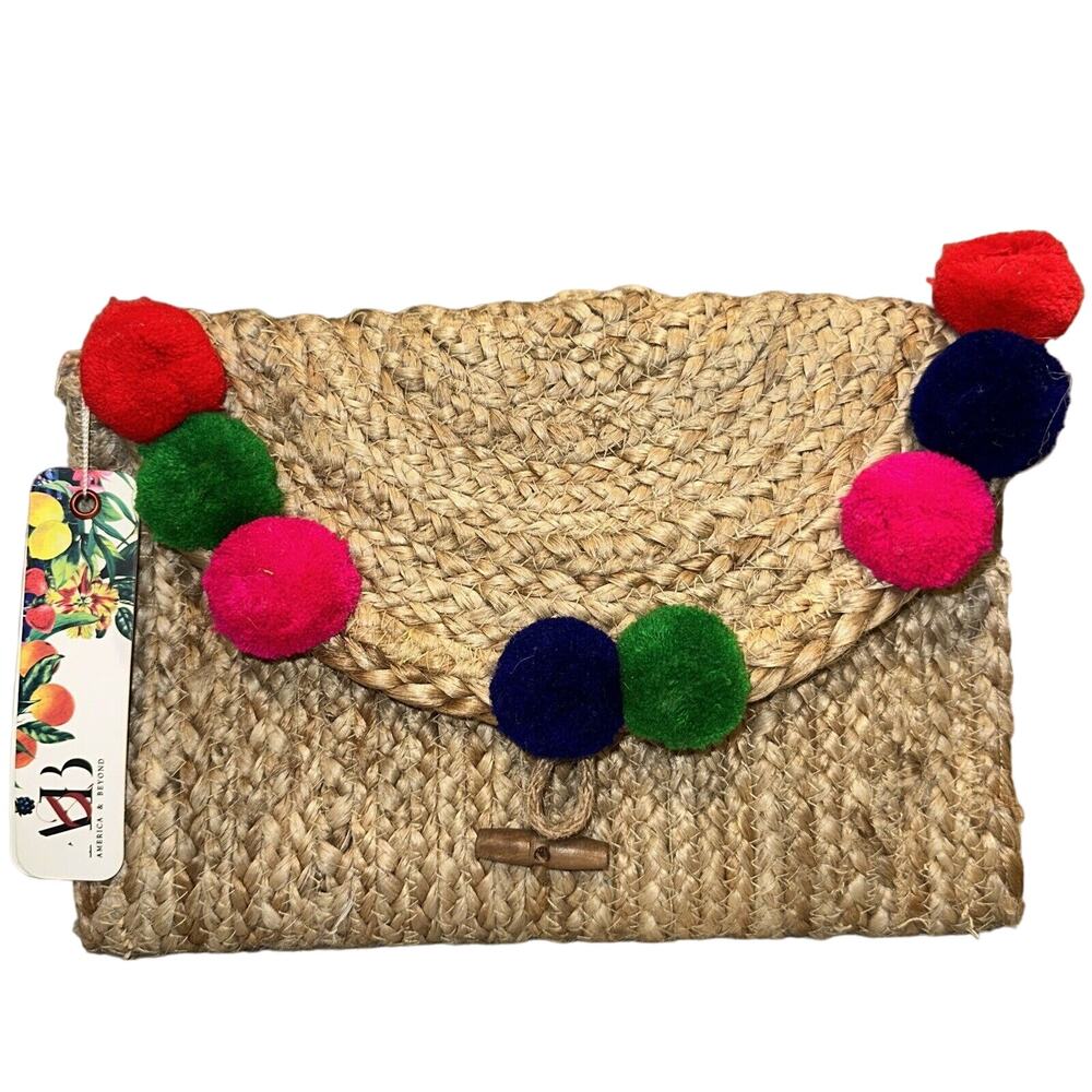 NWT America & Beyond Pom Pom Straw Clutch Handmade‎ Upcycled Jute Straw Handbag